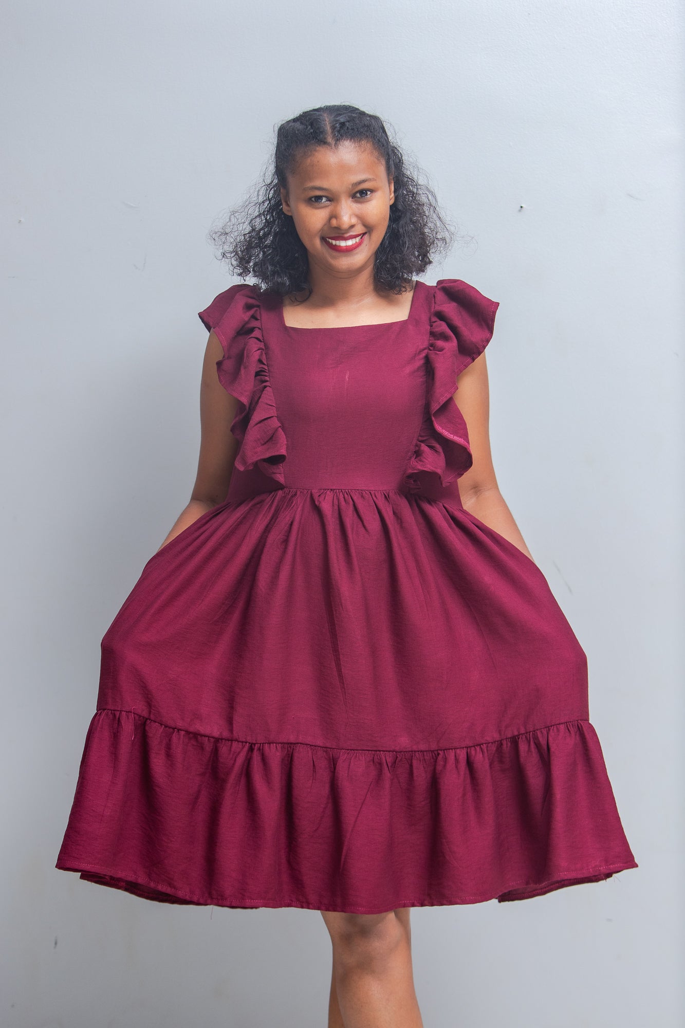 Anya Crepe Ruffle Nursing Dress In Maroon