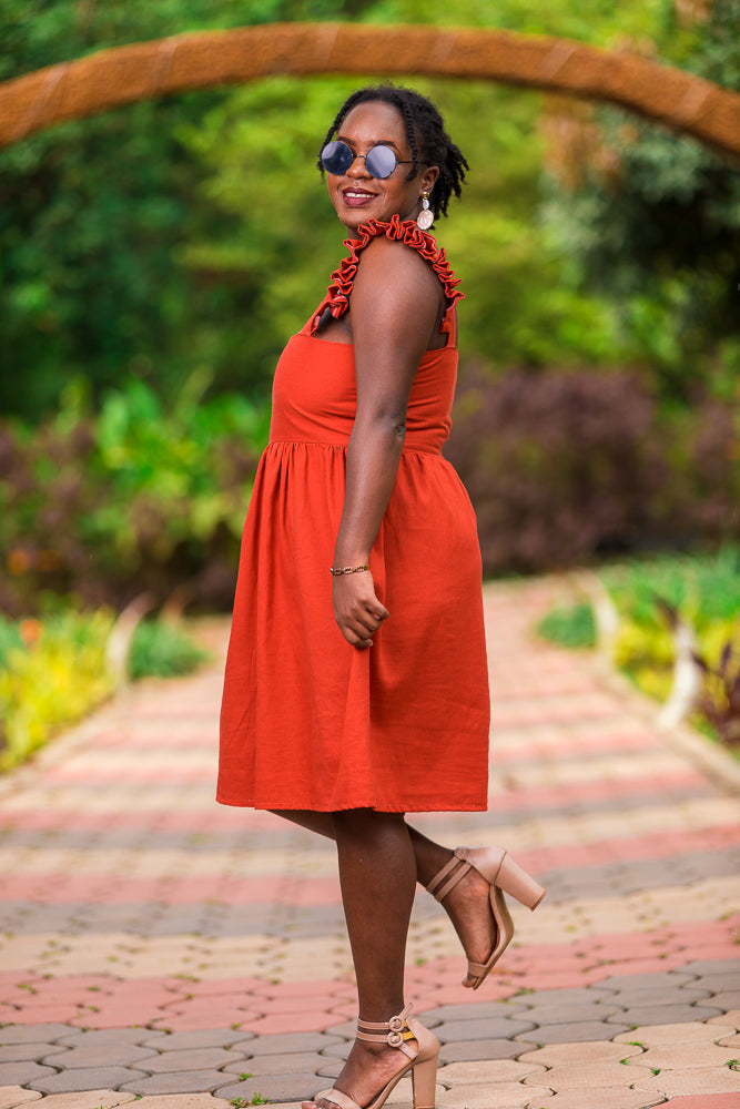 Sana Linen Dress In Burnt Orange