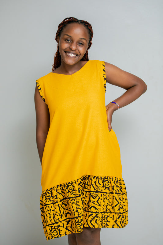 Anky Linen Kente Dress In Mustard