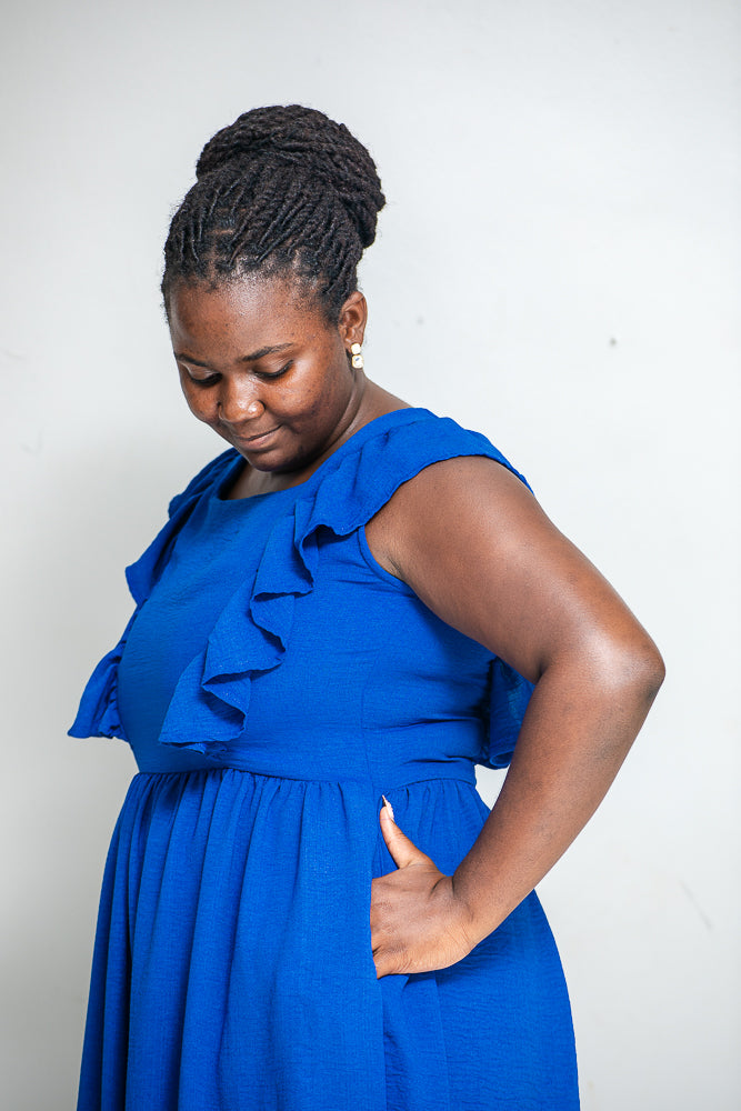 Anya Crepe Ruffle Nursing Dress In Royal Blue