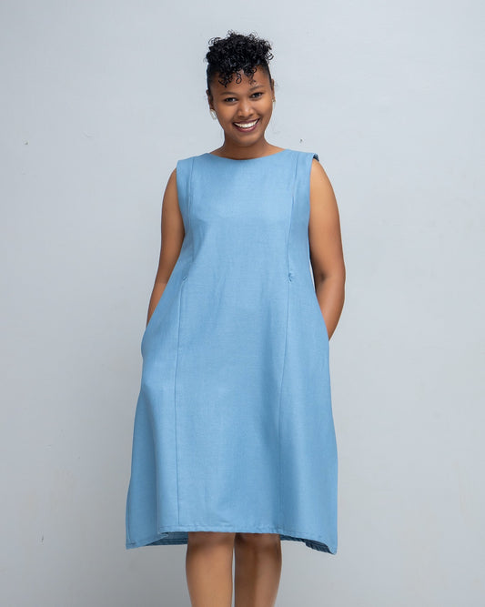 Hena Linen Nursing A Line Dress In Blue