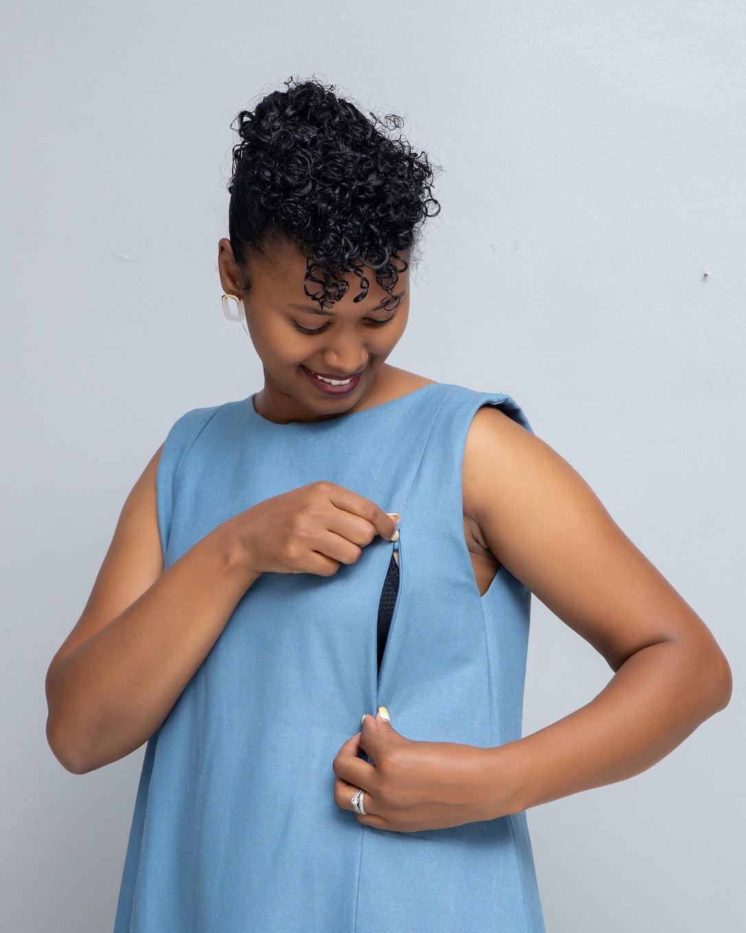 Hena Linen Nursing A Line Dress In Blue