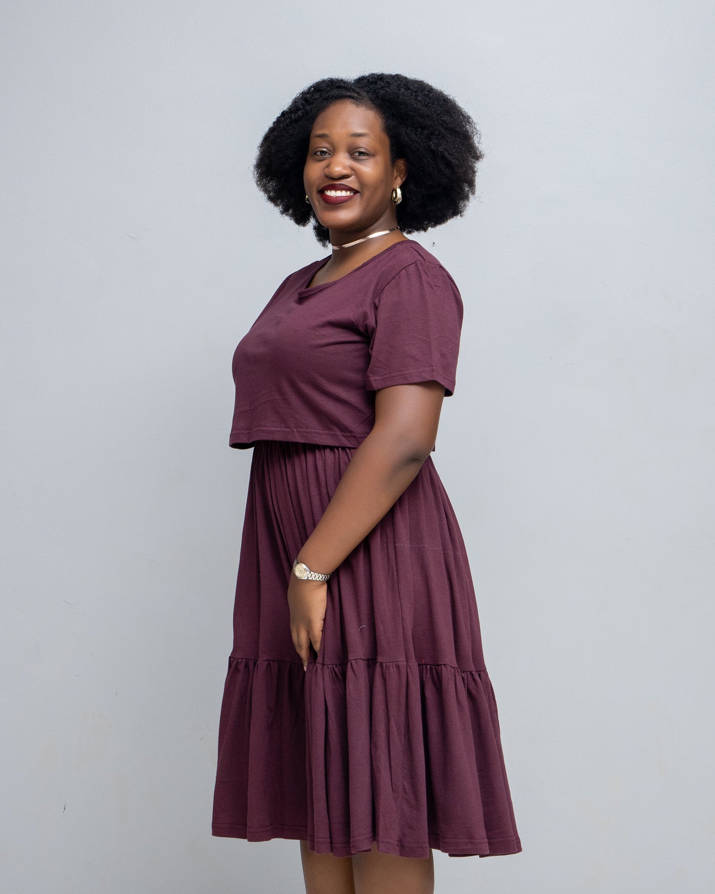 Hita Sleeve Stretch Cotton Nursing Dress In Maroon