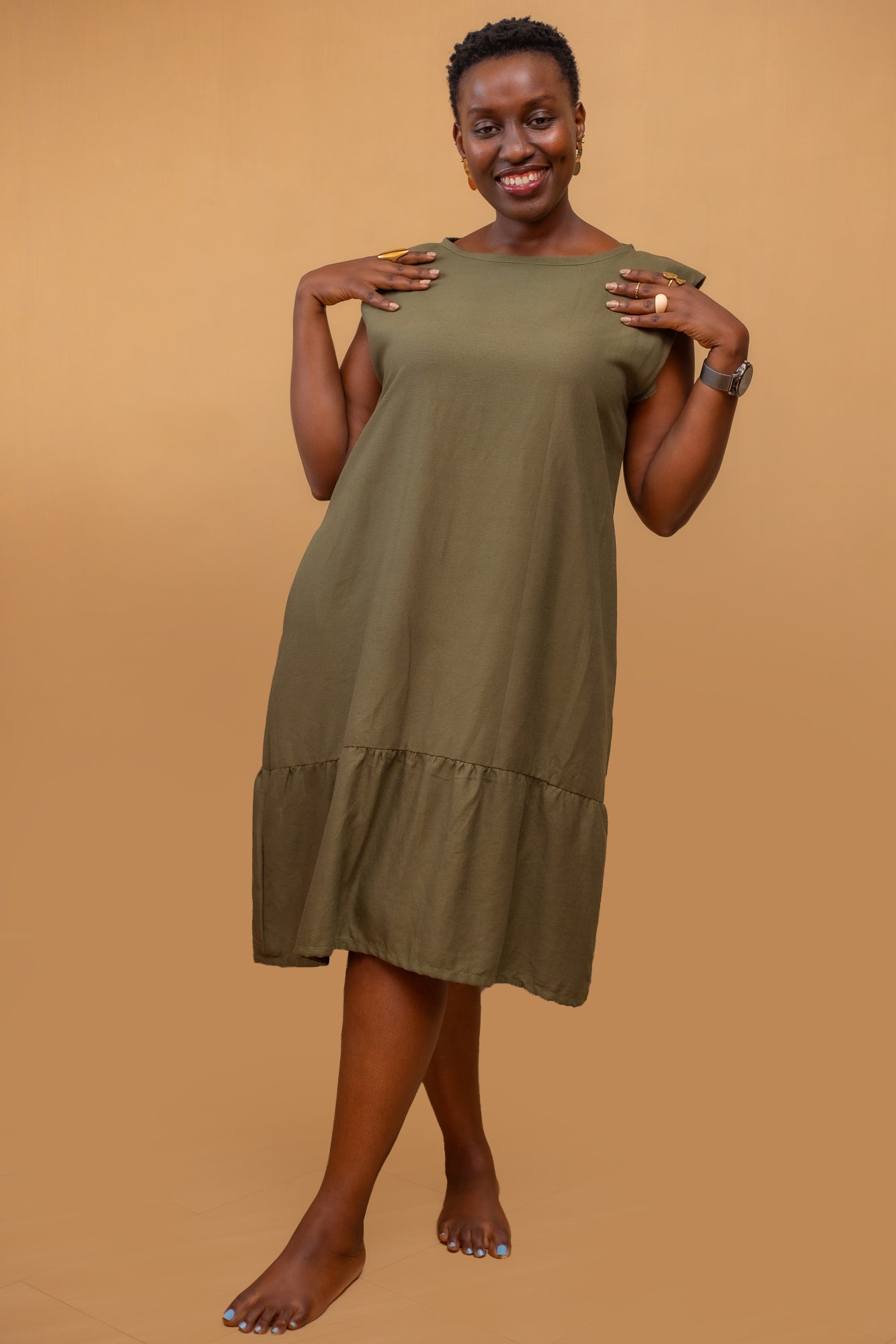 Kara Tiered Linen Dress In Olive Green