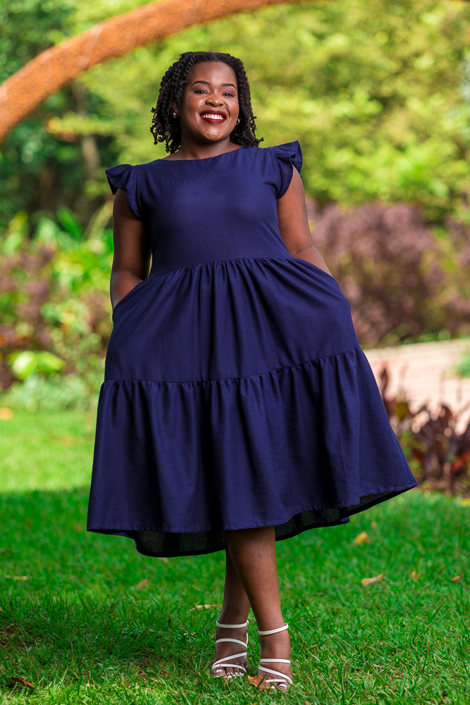 Kim Tiered Linen Dress In Navy Blue