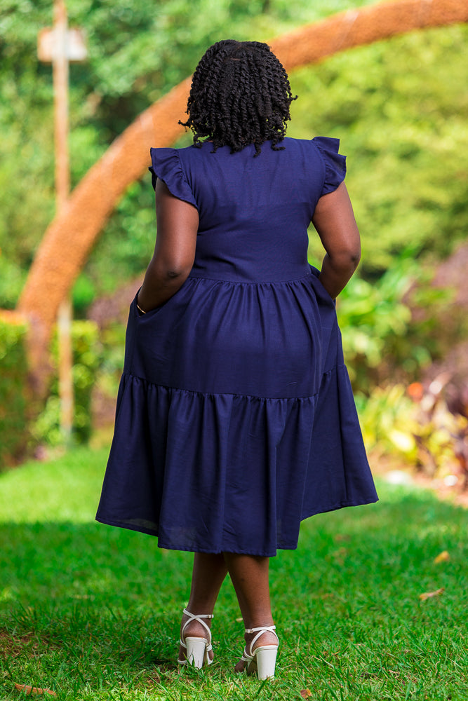 Kim Tiered Linen Dress In Navy Blue