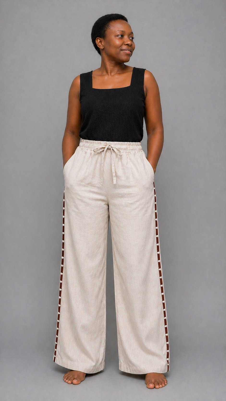Yaya Linen Pants with Brown Accent